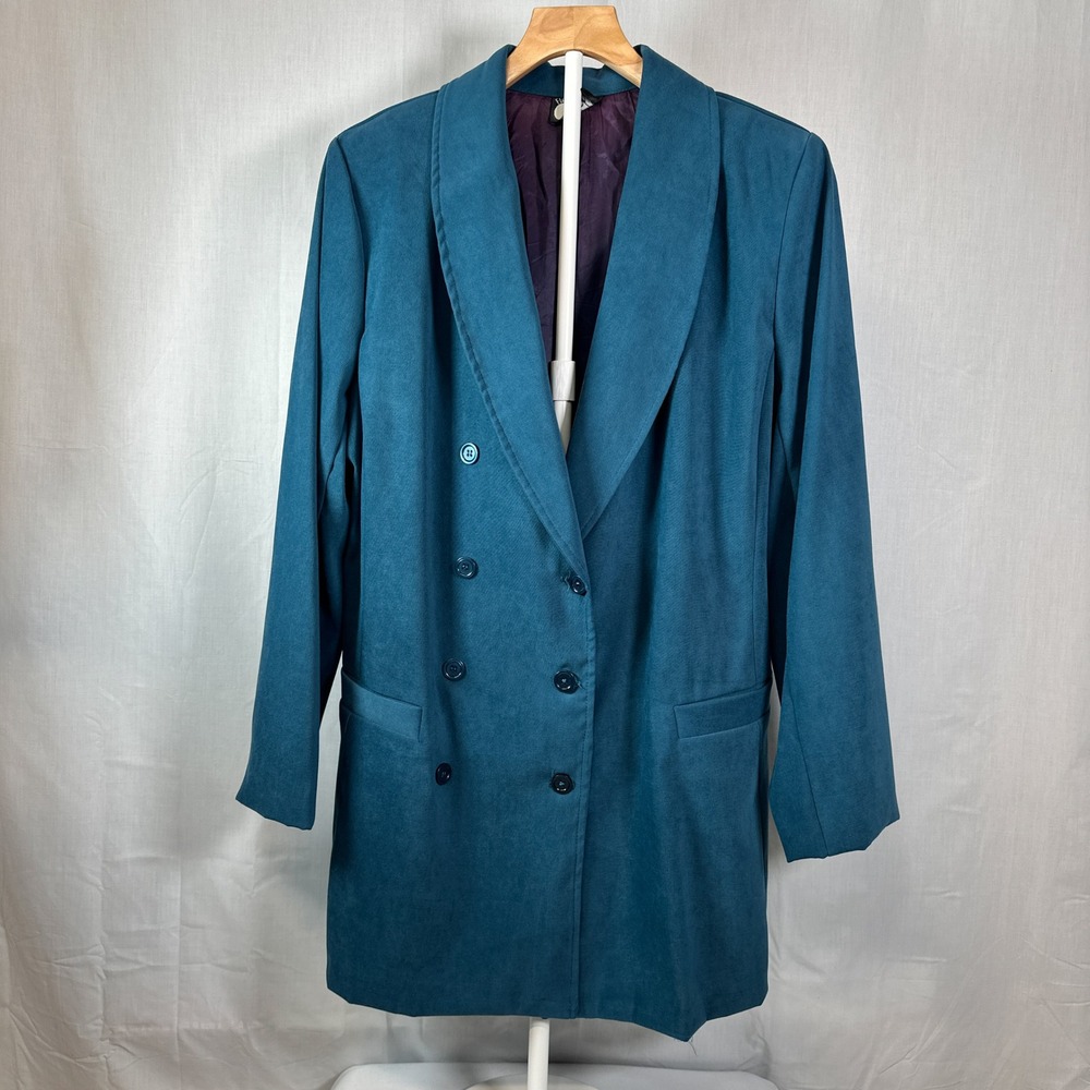 First Option Teal Blue Double Breasted Shawl Collar Longline Blazer Jacket